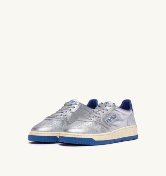 CESTA MEDALISTA LOW EN CUIR METALLIQUE ARGENT ET BLEU